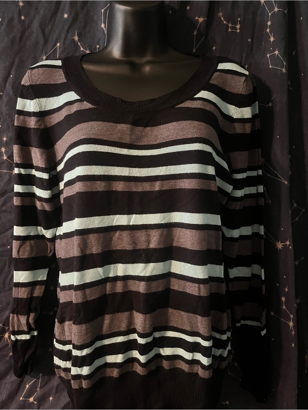 Suzy Shier Striped Scoop-Neck Sweater - Black, Brown & Cream